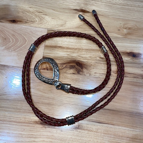 Vintage leather rope braided tie belt brown silver tone details medium large - Picture 2 of 12